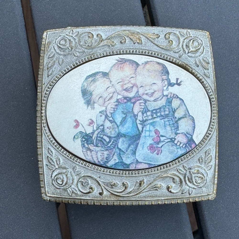 Vintage Footed Square Metal Jewelry Trinket Box Red Velvet Lined Japan